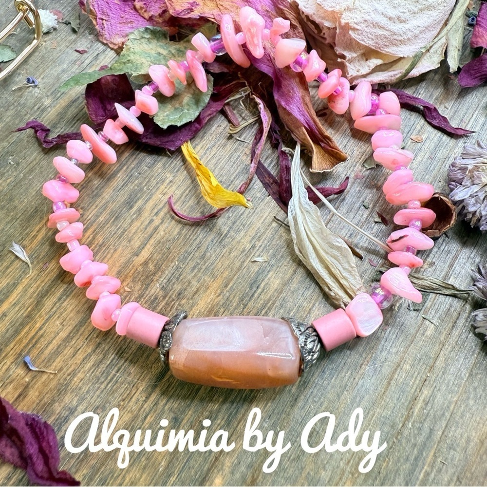 BURNT ORANGE carnelian and hot pink mother of pearl bracelet